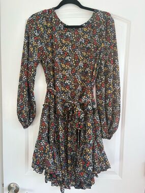 LAWLESS Black Floral Long-Sleeve Tie-Waist Mini Dress